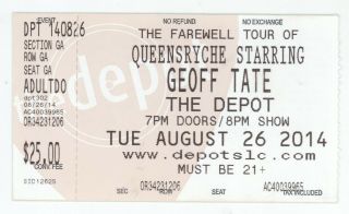 Queensryche Geoff Tate 8/26/14 Salt Lake City Ut The Depot Concert Ticket Stub