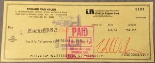 Eddie Van Halen Signed Personal Check From 1983,  Loa From Archives Of History