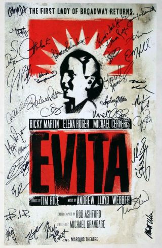 Evita Broadway Cast Elena Roger,  Michael Cerveris,  Ricky Martin Signed Poster