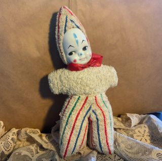 Vintage Stuffed Clown Doll Hard Rubber Face Striped Terry Cloth Jumper & Hat