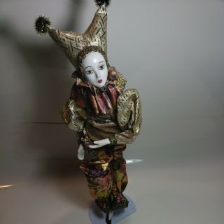 Vintage 16 " Porcelain Mardi Gras Harlequin Jester Clown Doll Musical Dance Stand