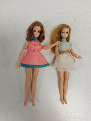 2 Vintage Pippa Dolls In Dresses Brown And Blonde Hair Pink Dress 444