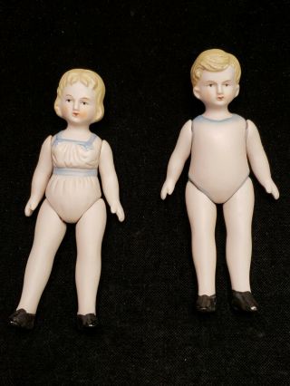 2 Vintage Bisque Dolls Jointed Boy & Girl 5 " L Logo German Estate Find