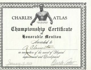 1943 Charles Atlas Signed Championship Certificate Bodybuilder Autograph Vintage