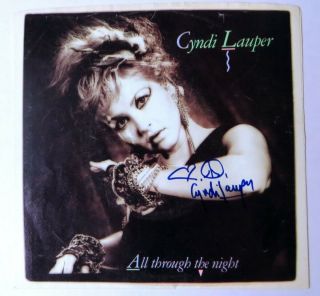 Cyndi Lauper Signed Auto 45 " Record Sleeve All Through The Night Jsa Ee19990
