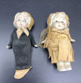 Antique 3 " Painted All - Bisque Bride And Groom Dolls Wire Jointed Arms