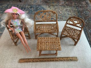 Vintage Barbie Doll Size 4 Piece Wicker Furniture Set Sofa Chairs Table