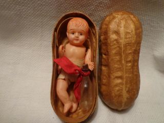 Vintage Celluloid Baby Doll With Bottle In Paper Mache Peanut Shell Crib