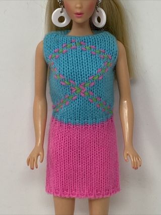Vintage Barbie Doll Clothes Mod Era Outfit 1804 Knit Hit Pink Turquoise Dress
