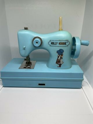 1975 Vintage Holly Hobbie Sewing Machine Blue Hand Winding - Childs Toy