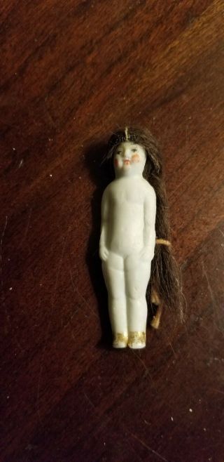 Antique German Bisque Frozen Charlotte Dollhouse Doll Real Hair Wig 2 1/2 "