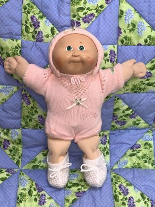 Vintage Cabbage Patch Kid Preemie Bald Green Eyes Blue Signature Crochet Clothes
