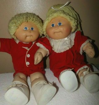 Vintage 1982 Coleco Cabbage Patch Kids Twins Boy & Girl Doll Dressed In Red 17 "
