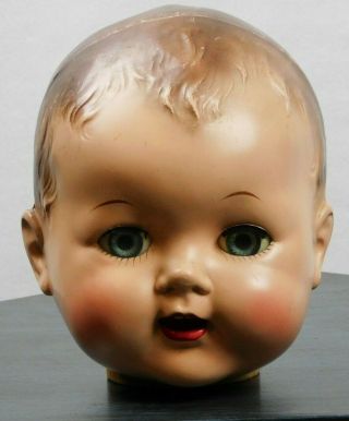 Vintage,  Large,  Plastic Baby Doll Head With Blue Sleepy Eyes And Painted Hair