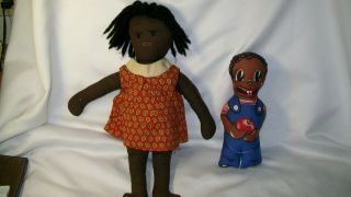 2 African American Black Cloth Dolls 16 " & 9 1/2 " Maker Unknown