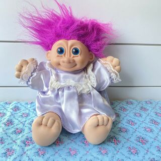 Vintage Large Plush Russ Troll Doll Pink Hair Blue Eyes Lavender Pjs 15” / 02