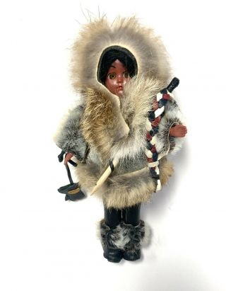 Vtg 60s Eskimo Native Alaskan Doll Real Fur Leather Gloves Harpoon Open Shut Eye
