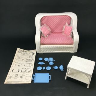 Vintage 1983 Barbie Dream Furniture Wicker Sofa Bed End Table Daybed Lounge Set