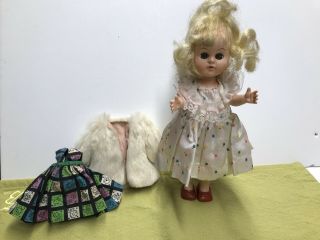 Vintage 8 1/2” Blond Vogue Doll With Small Ginny Dress And Tagged Fur Coat Tlc