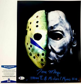Tom Morga Signed Jason Voorhees & Michael Myers Split Mask 11x14 Photo Bas