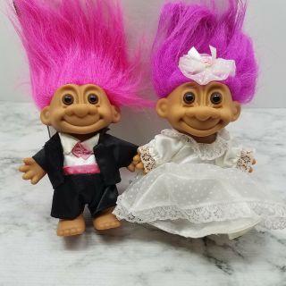 Vintage 5 " Pair Russ Troll Bride & Groom Wedding Dolls Pink Hair 18315 18316