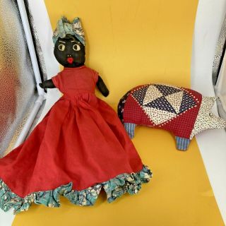 Vintage Handmade African American Rag Cloth Soft Plush Doll Black Yarn Hair 17 "