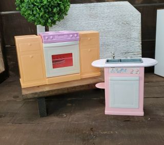 Vintage Barbie Kitchen Sink Stove Oven 1996 1997 Orange Pink Mattel Dollhouse