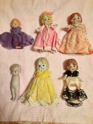 5 Vintage Bisque Japan Dolls,  1 German Bisque Doll,  7 " To 5 " Tall.