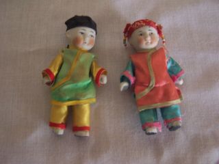 2 Vintage Chinese 3 1/2 " Porcelain Dolls In Traditional Chinese Dress Costume