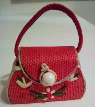 Vintage 1950s Vogue Jill Or Madame Alexander Red Straw Doll Purse With Flowers