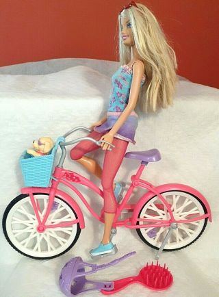 Barbie Beach Party Doll & Bicycle 2008 Mattel Dog In Basket