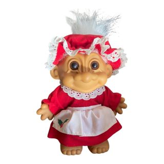Vintage Russ Berrie Troll Mrs Santa Claus Christmas Doll Red Dress Apron 8”