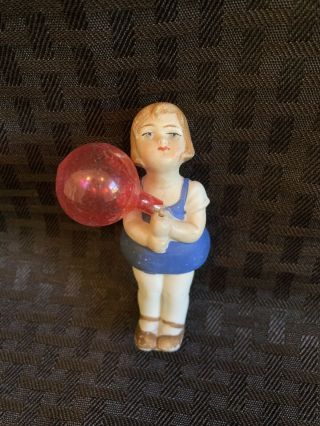 Antique Bisque Dollhouse Doll Little Girl Holding Red Balloon Germany
