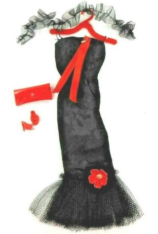 Barbie Vintage Clone Hm Black Dress Red Accents Mermaid Netting Red Bag & Shoes