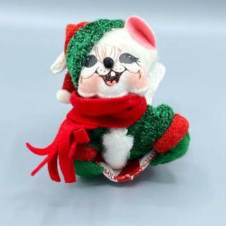 Rare 2007 Christmas Holiday Annalee White Mouse On Peppermint Sled Tag Red Green