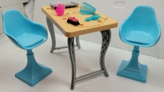 Mattel 2015 Barbie Dream House Kitchen Table And 2 Blue Chairs Replacement Part