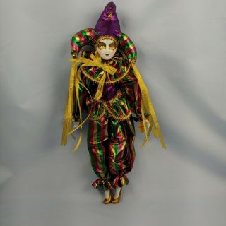 Hollywood Casino Doll Mardi Gras Carnival Jester Clown Harlequin Porcelain 17.  5 "