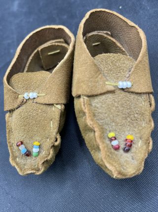 Doll Shoes Miniature Suede Leather Indian Moccasins Beads Native American 2.  5”