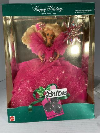 1990 Happy Holidays Barbie Doll Blonde Hair Pink Dress Mattel 4098