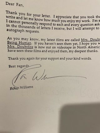 Robin Williams Letter 8.  5x11 Signed Autograph