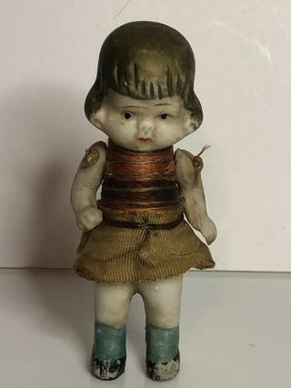 Vintage Bisque Porcelain Strung Arms Frozen Charlotte Doll Japan 3.  5” Painted