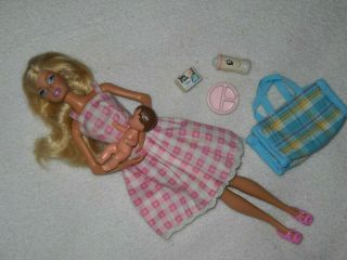 Mommy Barbie Doll & Baby Rocking Arms To Hold Baby Diaper Bag,  Wipes,  Powder,  Dish