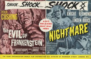 A3 Kine Weekly Advert Hammer Duo Evil Of Frankenstein Peter Cushing & Nightmare