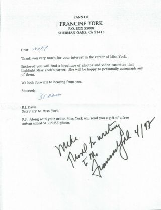 Francine York Signed Autographed 8.  5x11 Letter (the Family Man,  The Doll Squad)