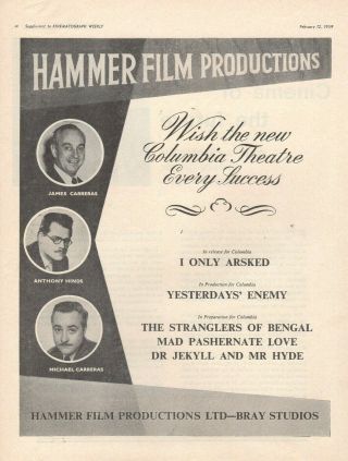 A4 Kine Weekly Advert Hammer Films 1959 Productions Anthony Hinds James Carreras