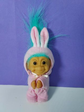 Vintage 4 " Russ Berrie Easter Bunny Troll Doll Pink Costume Blue Hair