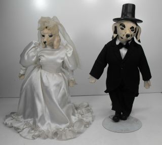 Vintage Pair Porcelain Bisque Bride And Groom Dog Dolls On Stands