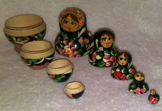 Matreshka Matryoshka 5 Piece Wood Nesting Doll Floral Set Russian Signed 3.  5 "