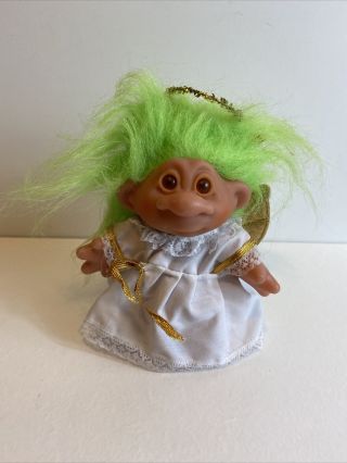 5 " 1986 Dam Angel Troll Green Hair & Gown Lace & Gold Trim Wings Halo