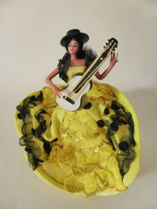 Vintage Spanish Marin Chiclana Plastic Doll On Stand,  Flamenco Dancer In Yellow